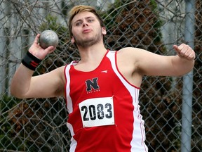 Blake Foster of Northern competes in the junior boys' shot put during Day 1 of the LKSSAA track and field championship at the Chatham-Kent Community Athletic Complex in Chatham, Ont., on Tuesday, May 14, 2019. Foster had a winning throw of 15.80 metres. Mark Malone/Chatham Daily News/Postmedia Network