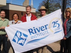 At the flag-raising ceremony on Monday morning with Mayor Bernadette Clement are the River Institute's (from left) Louis Savard (program leader, RiverLabs), Dr. Jeff Ridal (executive director, chief research scientist), Dr. Brian Hickey (program leader, Education/research scientist) and Christina Collard (program leader Administration and Fundraising). Photo on Monday, May 6, 2019, in Cornwall, Ont. Todd Hambleton/Cornwall Standard-Freeholder/Postmedia Network