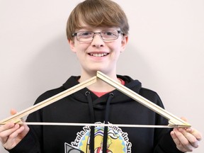 Liam Spacek placed first in the Grade 6 to 8 division of a bridge building competition organized by Professional Engineers of Ontario's Algoma chapter and Sault College.