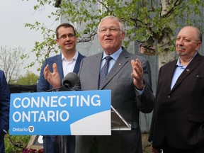 Ernie Hardeman, Ontario's minister of agriculture, food and rural affairs, is shown in this file photo speaking in May 2019 in Lambton Shores when funding was first announced to boost broadband service in the county. Standing behind him are, from left, Lambton-Kent-Middlesex MPP Monte McNaughton and Sarnia-Lambton MPP Bob Bailey.