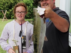 Kennedy Jones of Hepworth holds her trophy from the 2018 BPSA Kids Fishing Derby while Kevin Harders of Lures N Lines tackle store holds up the 6.2 pound rainbow trout she caught to win last year.
(supplied photo)