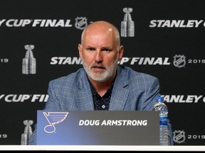 General manager Doug Armstrong of the St. Louis Blues speaks during Media Day ahead of the 2019 NHL Stanley Cup Final at TD Garden on May 26, 2019 in Boston, Mass. (Bruce Bennett/Getty Images)