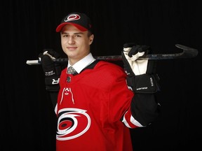 Jamieson Rees of the Sarnia Sting poses after being selected 44th overall by the Carolina Hurricanes during the 2019 NHL draft at Rogers Arena on June 22, 2019, in Vancouver, B.C. (Photo by Kevin Light/Getty Images)
