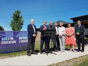 Glengarry-Prescott-Russell MPP Grant Crack, second from left, announced millions in capital funding for Upper Canada District School Board projects in Avonmore, Cornwall and Brockville at Roxmore Public School in Avonmore, Ont., on Wednesday, June 14, 2017. Also pictured in this photo provided by the UCDSB is, from left, Stormont-Dundas-South Glengarry MPP Jim McDonell, UCDSB chair Jeff McMillan, second vice-chair David McDonald, Roxmore principal Cynthia Seguin, UCDSB vice-chair Caroll Carkner and director of education Stephen Sliwa. Handout/Cornwall Standard-Freeholder/Postmedia Network