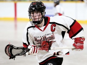 Wallaceburg Red Devils' Aaron Underwood chases a loose ball against the Six Nations Rebels in the second period at the Ken Houston Memorial Agricultural Centre in Dresden, Ont., on Sunday, June 9, 2019. Mark Malone/Chatham Daily News/Postmedia Network