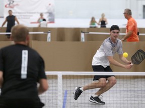 Joe Willemsen of Brooks, Alta., competes against Robert Rotaru of Waterloo during the open men's singles event at the Canadian Pickleball Championships at the Invista Centre on June 28, 2019. Rotaru won the match, 2-0.