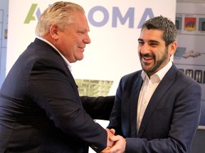 Ontario Premier Doug Ford shakes the hand of MPP Ross Romano at Algoma in Sault Ste. Marie, Ont., on Tuesday, Oct. 24, 2018 in Sault Ste. Marie, Ont. (BRIAN KELLY/THE SAULT STAR/POSTMEDIA NETWORK)