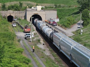 Crews from CN Rail and Sarnia Fire Rescue respond to a derailment in the CN Tunnel under the St. Clair River, between Sarnia and Port Huron, Mich., in 2019.