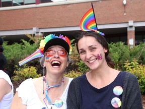 Cristina Greffe, left, and Karli Marcotte were on hand for a ceremony at Cambrian College marking Pride Month in Sudbury, Ont. on Tuesday June 11, 2019. The festival will be held virtually this year.