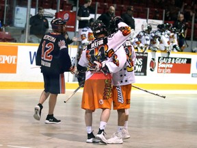 Owen Sound North Stars senior B owner Joe Norton is moving the 11-time Mann Cup champion Brampton Excelsiors senior A club to Owen Sound. Pictured: The Owen Sound Bug Juice North Stars senior B team celebrate a goal on June 15, 2019 Greg Cowan/The Sun Times