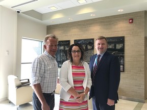 Randy Peltz, Sandy Jansen and Perry Lang, three of the health care leaders behind the development of Oxford County's Ontario Health Team, at the Woodstock Hospital on Friday, July 19, 2019. (Kathleen Saylors/Woodstock sentinel-Review)