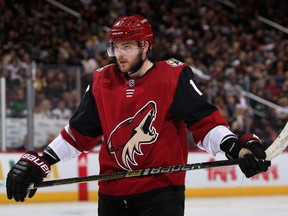 Alex Galchenyuk of the Arizona Coyotes awaits a faceoff during the third period against the Vegas Golden Knights at Gila River Arena on Dec. 30, 2018, in Glendale, Ariz.  (Photo by Christian Petersen/Getty Images)