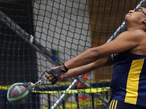 Anthony Atkinson of Chatham, Ont., competes in the weight throw for the Windsor Lancers track and field team. (Gerry Marentette/University of Windsor Athletics)