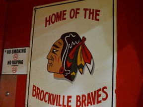 Brockville Jr. A Braves dressing room door at the Memorial Centre.