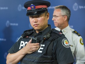 Toronto Police Service  Const. Ben Seto displays a body-worn camera. Greater Sudbury Police are now considering use of the technology.