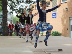 Logan McDonough and Elizabeth Dubroy from Sharol Joiner's Academy in Scarborough, with Summer Urquhart from Western Austrailia Scottish Highland Dance Academy, compete in the Sword dance at the Kincardine Scottish Festival & Highland Games.
Hannah MacLeod/Kincardine News