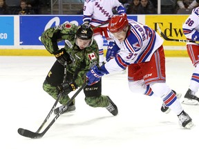 Kitchener Rangers defenceman Donovan Sebrango of Kingston during an Ontario Hockey League against the Kingston Frontenacs at the Leon's Centre in Kingston in February 2019. (Ian MacAlpine/The Whig-Standard)