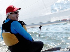 Marguerite Childs races on the waters of Lake Wabamun against other members of the Wabamun Sailing Club on Sunday, June 30, 2019. A blue-green algae outbreak recently hit the body of water and in the wake of that the Wabamun Watershed Management Council released its plan for the lake's future health that they want the public to consult on.