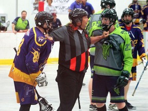 Parkland Posse Tyson Dechene (23) and Lakeland Heat Austin Saint (88) are separated during the first round of the Rocky Mountain Lacrosse Junior B Tier II playoffs. The Heat swept the best-of-three series with a 6-4 win on Saturday, July 6 and a 10-4 win on Sunday, July 7, 2019 in Cold Lake.