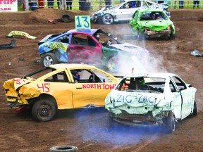 Still pushing ahead even with amidst the steam and loss of a tire, during the Demolition Derby took place Saturday, July 20 at Vulcan's rodeo grounds.