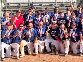 The Sarnia Braves celebrate their Ontario senior elimination baseball championship in Windsor, Ont., on Monday, Aug. 5, 2019. The Braves are, front row, left: Anthony Shepherd, Wade Babula, Vince Caschera, Justin Randall, head coach James Grant, Brad Hill, Nick Baljeu, Tristan Buntrock, Brennan Healy and Alex McLean. Middle row: trainer Jake Butler, Kevin Gardner, Kyle Blunt, McKenzie Maxwell, assistant coach Lance Hart and executive Sandra Shaw. Back row: Eric Steeves, assistant coach Joel Ainsworth, Jake Burgess, Jake Near, Sasha Gerster, Julian Service, Paul Sheeler, Nolan Nicholson, Brett Allardyce, Tyler Groulx, Josh Taylor, Mike Damchuk, Keegan Brandon and Jameson Hart. (Contributed Photo)