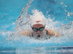 Canada's Genevieve Sasseville of Chatham, Ont., competes in the heats of the women's 100m butterfly during Day 5 of the FINA World Junior Swimming Championships at Duna Arena on Aug. 24, 2019, in Budapest, Hungary. (Photo by Ian MacNicol/Getty Images)