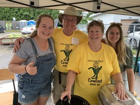 Sara Baker, Barry and Fran Hartin and Caitlin Doubleday were part of the volunteer team keeping the steamy cobs on the boil at Athens Cornfest in 2019, the most recent time it was held.
(FILE PHOTO)