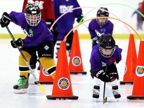 Connor Nead goes through a drill during the tyke session at Get the Edge Powerskating Academy at Thames Campus Arena in Chatham, Ont., on Friday, Aug. 9, 2019. (Mark Malone/Chatham Daily News)