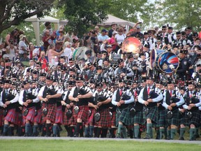 Hundreds of pipers and drummers perform together during the massed bands at the Glengarry Highland Games in 2019 in Maxville, Ont. Alan S. Hale/Cornwall Standard-Freeholder/Postmedia Network