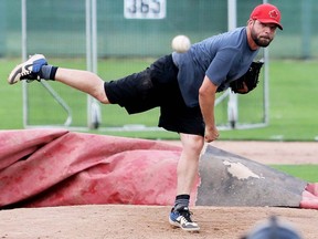 Sarnia Braves' Nick Baljeu pitches during a practice at Errol Russell Park in Sarnia, Ont., on Sunday, Aug. 18, 2019. Mark Malone/Chatham Daily News/Postmedia Network