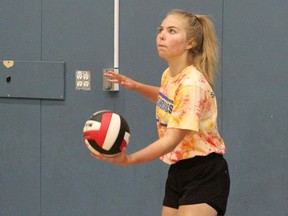 Kate Granson-Woollard prepares to serve a ball during a Tri Area Warriors Summer Camp Friday, Aug. 16, 2019. Photo by Evan J. Pretzer/Postmedia.