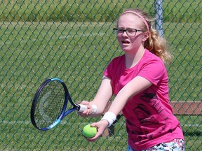 Sophia Cecutti, 13, works on her serve during a private tennis lesson at the tennis courts at James Jerome Sports Complex in Sudbury, Ont. on Friday August 2, 2019. John Lappa/Sudbury Star/Postmedia Network