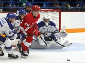 Sudbury Wolves goalie Mitchell Weeks watches a loose puck while Kalvyn Watson (28) of the Soo Greyhounds looks for a scoring chance in 2019 OHL action.