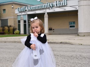 Ashlyn Hynes models a costume she picked up at the Friendly Ghost Costume Stop last year – fittingly, a friendly ghost! This year's event will be held at Goff Hall. Kathleen Saylors/Woodstock Sentinel-Review