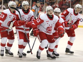 Soo Greyhounds Rory Kerins, Tanner Dickinson, Tye Kartye, Robert Calisti and Jacob LeGuerrier celebrate a goal on Flint Firebirds goalie Anthony Popovich during first-period Ontario Hockey League action at GFL Memorial Gardens on Friday, Sept. 20, 2019 in Sault Ste. Marie, Ont. (BRIAN KELLY/THE SAULT STAR/POSTMEDIA NETWORK)