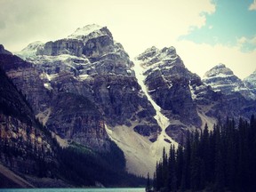 The brilliant colour of Moraine Lake near Lake Louise is enhanced by a pre-summer snowfall. Photo Marie Conboy.