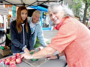 Transition Blockville demonstrated several low-energy alternatives at Culture Days 2019. Chris Stetsky in the middle is checking out the apple peeler with his granddaughter Amy Gagne and Angel his lady Una. (file photo)
