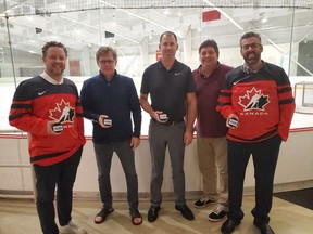Jamie Fawthrop, Colts GM Ian McInnes, Jeff Beck, Lorne Taillon and Jason Lavalee celebrate the decision to have Cornwall host the 2020 World Jr. A Challenge on Wednesday September 18, 2019 in Cornwall, Ont. Alan S. Hale/Cornwall Standard-Freeholder/Postmedia Network