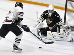 Max Hall (11) of the Mitchell Hawks breaks in all alone on Goderich Flyers' goalie Jarod Fleming during PJHL Pollock division action in Goderich. ANDY BADER