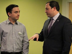 David Thompson,  RAIN manager, speaks with Mayor Christian Provenzano before a 2016 FedNor funding announcement at Sault Ste. Marie Innovation Centre.