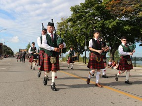 The Scottish Society of Windsor Pipe Band marches in the 2019 Sarnia Labour Day Parade.