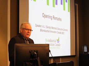 Sandy Marshall, executive director of Bioindustrial Innovation Canada, speaks last year at the start of a Canadian BioDesign Conference at the Lambton College Events Centre in Sarnia.