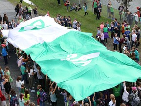 Hundreds of students participate in a Franco-Ontarian flag ceremony at a Franco-Ontarian Day celebration in Chelmsford in 2019.