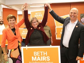 Sudbury NDP candidate Beth Mairs, middle, kicks off her campaign for the federal election in 2019, with Nickel Belt MPP France Gelinas and Sudbury MPP Jamie West on hand to show support. The federal NDP riding association for Sudbury feels there is a good chance a New Democrat can succeed in the next election, but a candidate remains to be chosen.