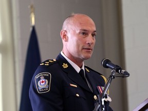 Daryl Longworth speaks after officially being named the 27th chief of the Woodstock Police Service in Woodstock, Ont. on Wednesday September 4, 2019 in Goff Hall at the community complex. (Woodstock Sentinel-Review file photo)