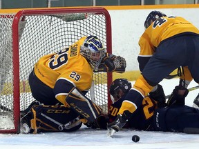 Laurentian Voyageurs goalie Mackenzie Savard (29) pounces on a loose puck during a wild scramble in front of his net during OUA men's hockey action against the Queen's Gaels on Saturday, October 5, 2019.