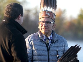 Mayor Christian Provenzano and Batchewana First Nation Chief Dean Sayers speak at Algoma Sailing Club in Sault Ste. Marie, Ont., on Tuesday, Oct. 8, 2019. (BRIAN KELLY/THE SAULT STAR/POSTMEDIA NETWORK)
