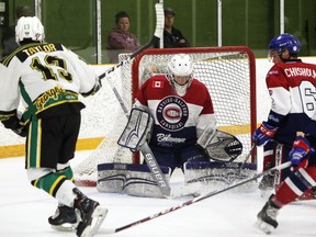 Rayside-Balfour Canadians goaltender David Bowen makes a save on Elliot Lake Wildcats forward Connor Taylor (13) while Rayside defenceman Avery Chisholm (6) rushes to help during first-period NOJHL action at Chelmsford Arena in Chelmsford, Ontario on Thursday, October 10, 2019.