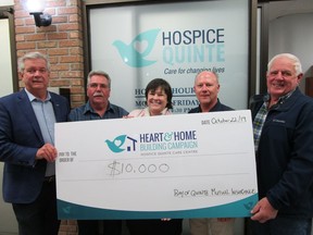 John Williams (Heart & Home Building Campaign Co-Chair), Steve Raymond (Bay of Quinte Mutual Insurance Board), Jennifer May-Anderson (Executive Director, Hospice Quinte), Jeff Howell (President, Bay of Quinte Mutual Insurance) and Harry Scanlon ((Bay of Quinte Mutual Insurance Board) pose for a photograph following a $10,000 donation.
SUBMITTED PHOTO