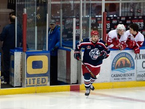 Cornwall Colts Sam Gaudreau skates onto the ice at the Ed Lumley Arena before his team's game against the Pembroke Lumber Kings on Thursday October 17, 2019 in Cornwall, Ont. The Colts lost 3-2. Robert Lefebvre/Special to the Cornwall Standard-Freeholder/Postmedia Network